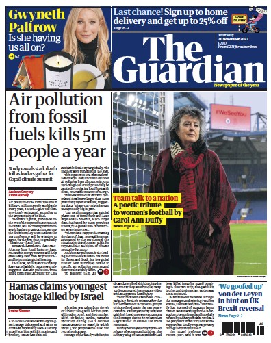 The Guardian (UK) Newspaper Front Page for 30 November 2023