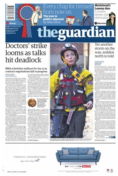The Guardian Newspaper Front Page for 30 December 2015