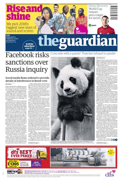 The Guardian (UK) Newspaper Front Page for 30 December 2017