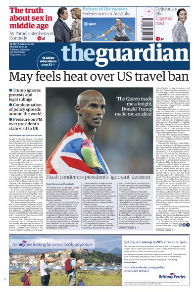 The Guardian Newspaper Front Page for 30 January 2017