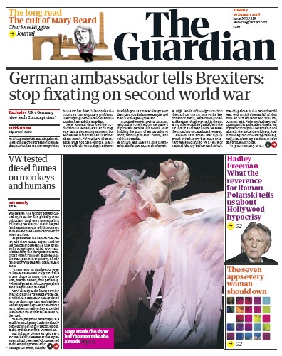 The Guardian (UK) Newspaper Front Page for 30 January 2018