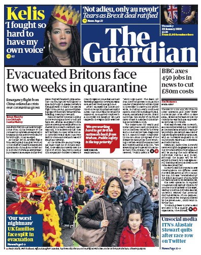 The Guardian Newspaper Front Page for 30 January 2020