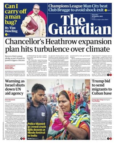 The Guardian (UK) Newspaper Front Page for 30 January 2025