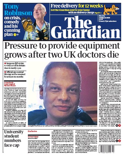 The Guardian Newspaper Front Page for 30 March 2020