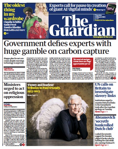 The Guardian (UK) Newspaper Front Page for 30 March 2023