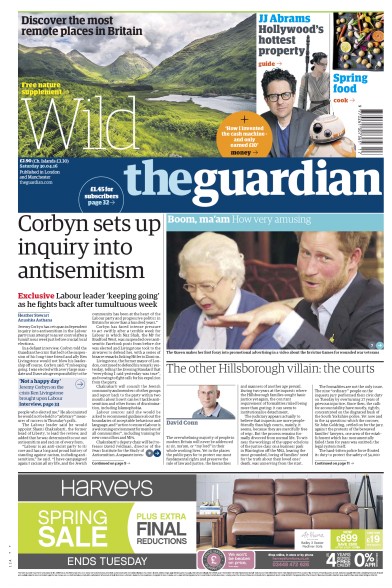 The Guardian (UK) Newspaper Front Page for 30 April 2016