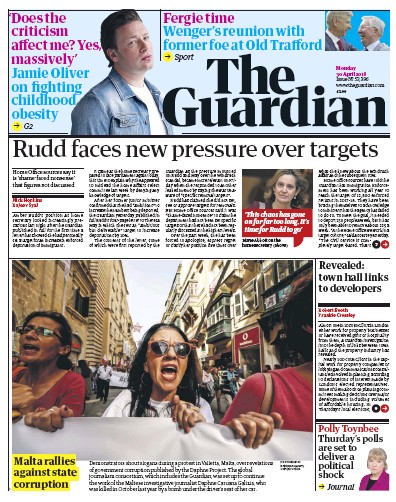 The Guardian Newspaper Front Page for 30 April 2018