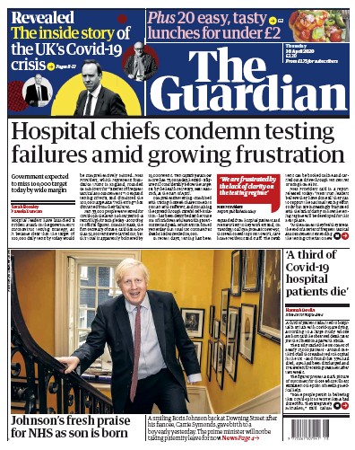 The Guardian Newspaper Front Page for 30 April 2020