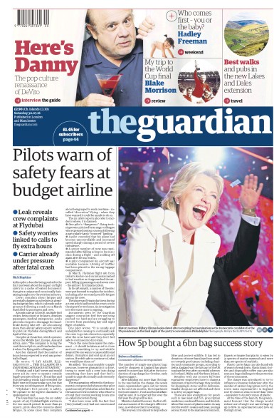 The Guardian Newspaper Front Page for 30 July 2016