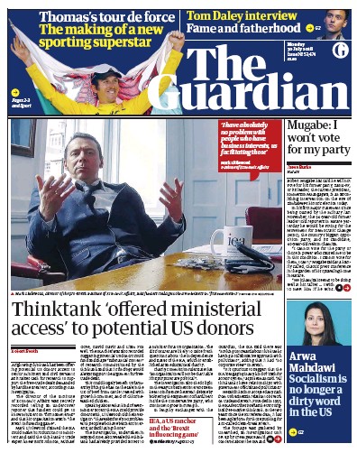 The Guardian Newspaper Front Page for 30 July 2018