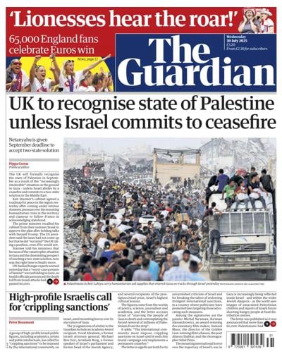 The Guardian (UK) Newspaper Front Page for 30 July 2025