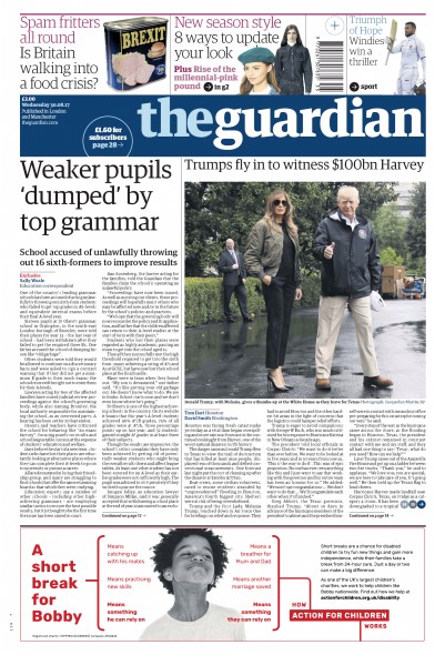 The Guardian Newspaper Front Page for 30 August 2017