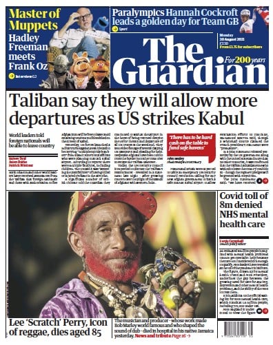 The Guardian (UK) Newspaper Front Page for 30 August 2021