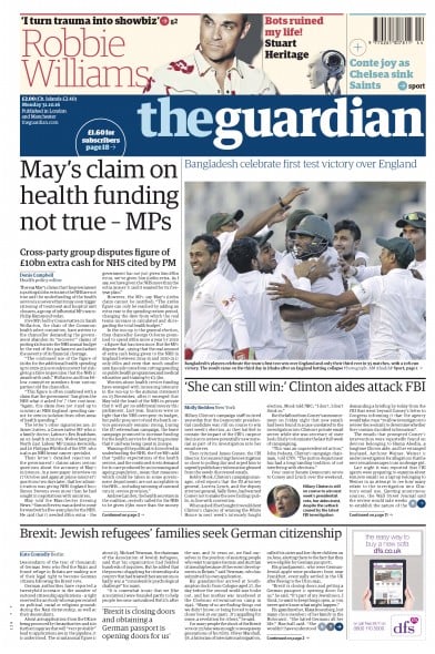 The Guardian Newspaper Front Page for 31 October 2016