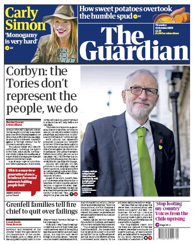 The Guardian Newspaper Front Page for 31 October 2019