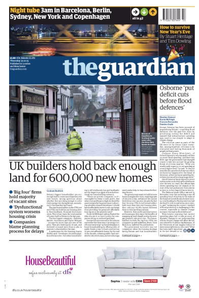 The Guardian Newspaper Front Page for 31 December 2015