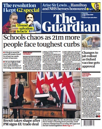 The Guardian Newspaper Front Page for 31 December 2020
