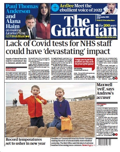 The Guardian (UK) Newspaper Front Page for 31 December 2021