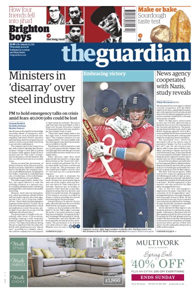 The Guardian (UK) Newspaper Front Page for 31 March 2016