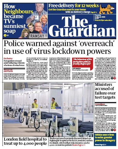 The Guardian Newspaper Front Page for 31 March 2020