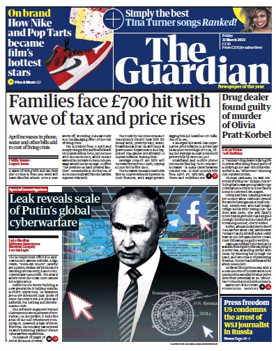 The Guardian (UK) Newspaper Front Page for 31 March 2023