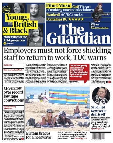 The Guardian Newspaper Front Page for 31 July 2020