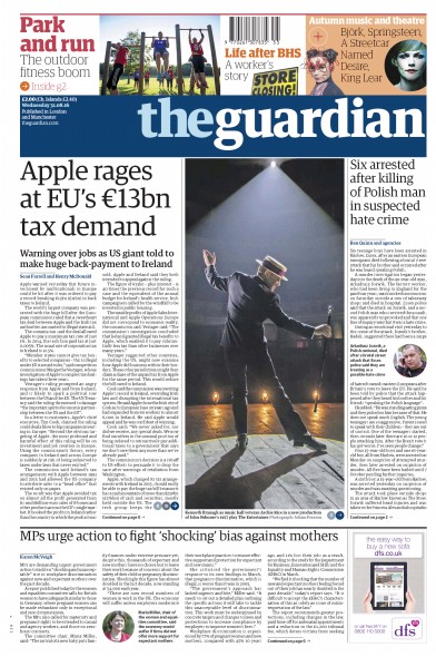 The Guardian Newspaper Front Page for 31 August 2016