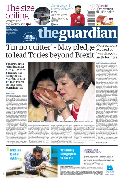 The Guardian (UK) Newspaper Front Page for 31 August 2017