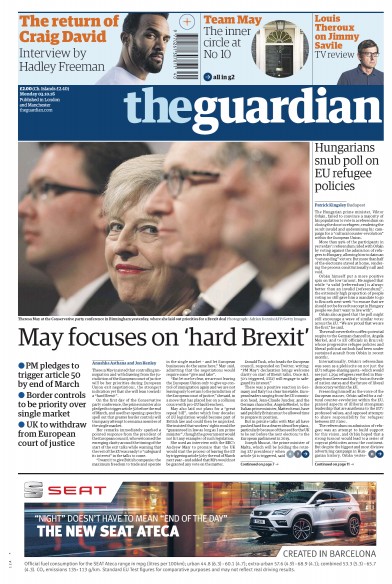 The Guardian Newspaper Front Page for 3 October 2016