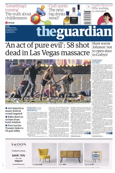The Guardian Newspaper Front Page for 3 October 2017