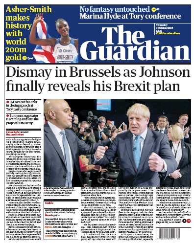 The Guardian (UK) Newspaper Front Page for 3 October 2019