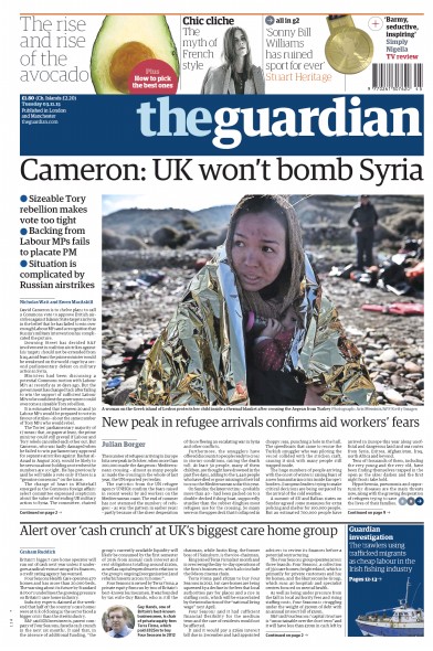 The Guardian Newspaper Front Page for 3 November 2015