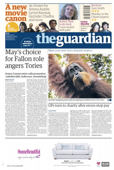 The Guardian Newspaper Front Page for 3 November 2017