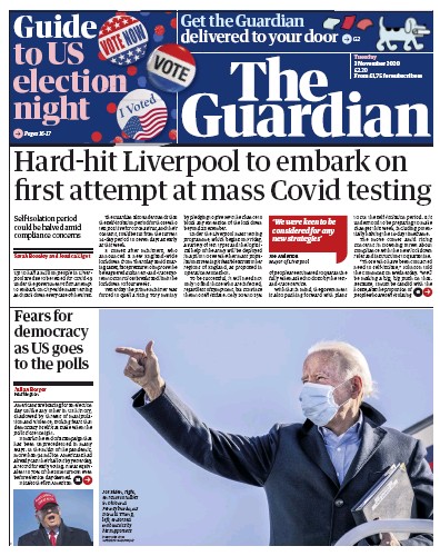 The Guardian Newspaper Front Page for 3 November 2020
