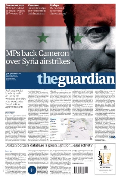 The Guardian Newspaper Front Page for 3 December 2015