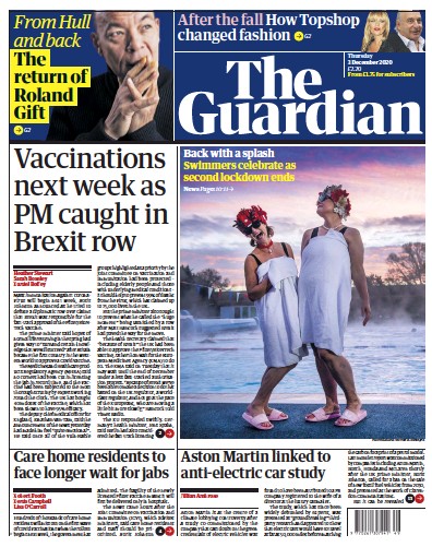The Guardian (UK) Newspaper Front Page for 3 December 2020
