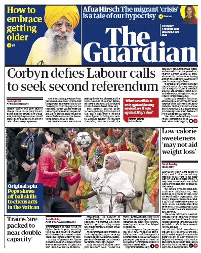 The Guardian Newspaper Front Page for 3 January 2019