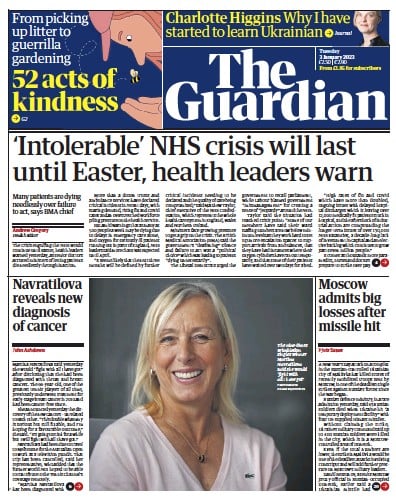 The Guardian (UK) Newspaper Front Page for 3 January 2023