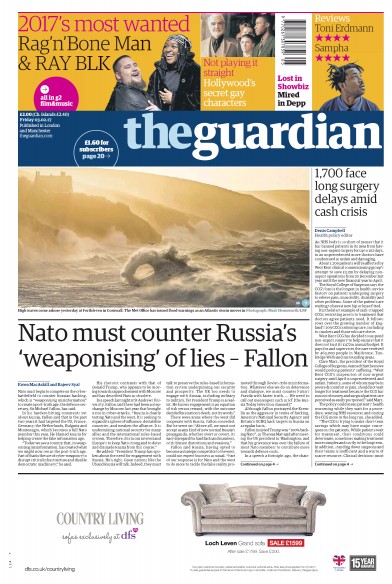The Guardian Newspaper Front Page for 3 February 2017
