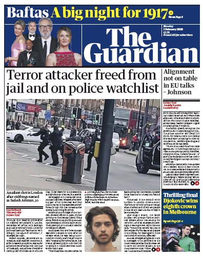 The Guardian Newspaper Front Page for 3 February 2020