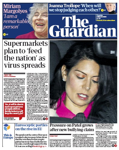The Guardian (UK) Newspaper Front Page for 3 March 2020