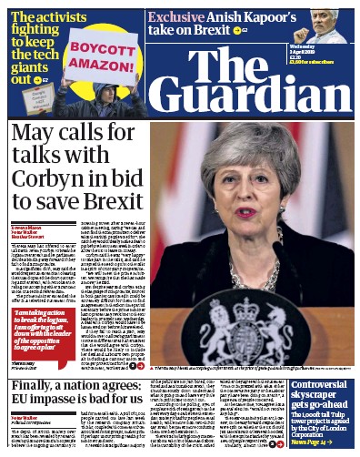 The Guardian Newspaper Front Page for 3 April 2019