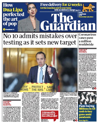 The Guardian Newspaper Front Page for 3 April 2020