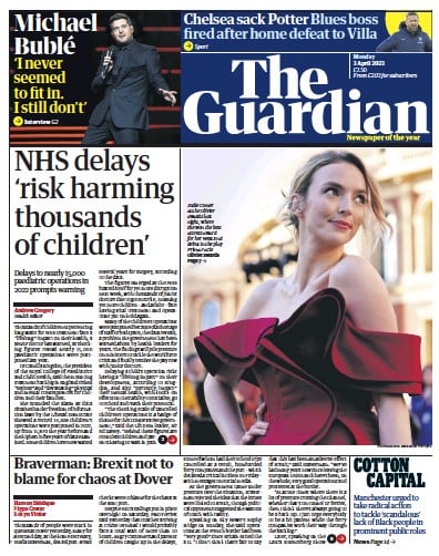 The Guardian (UK) Newspaper Front Page for 3 April 2023