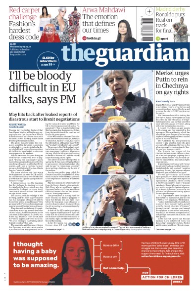 The Guardian Newspaper Front Page for 3 May 2017