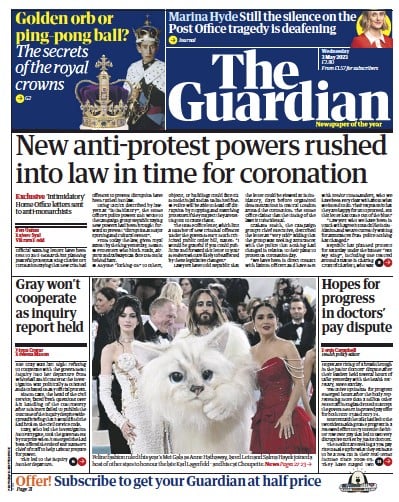 The Guardian (UK) Newspaper Front Page for 3 May 2023