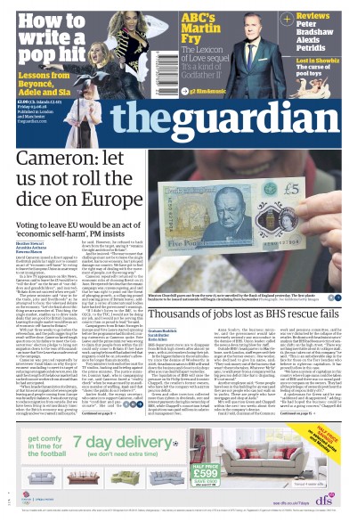 The Guardian (UK) Newspaper Front Page for 3 June 2016