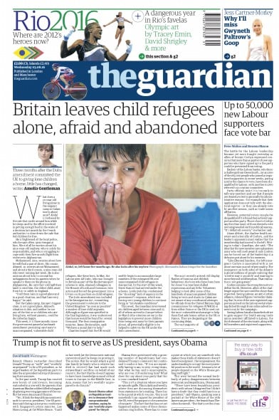 The Guardian (UK) Newspaper Front Page for 3 August 2016