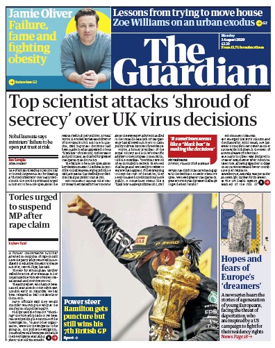 The Guardian (UK) Newspaper Front Page for 3 August 2020