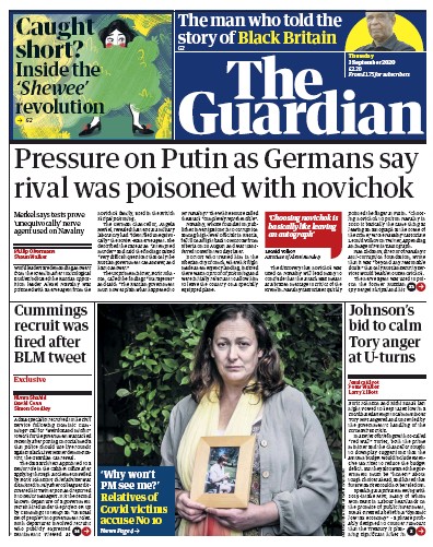 The Guardian Newspaper Front Page for 3 September 2020